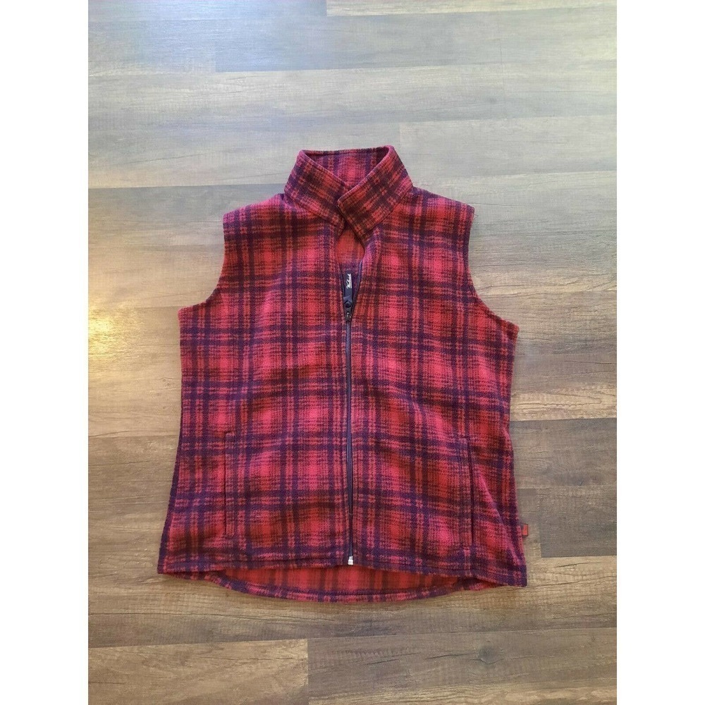 Woolrich Women's Large Red Black Hunt Plaid Fleece Full-Zip Vest Two Pockets